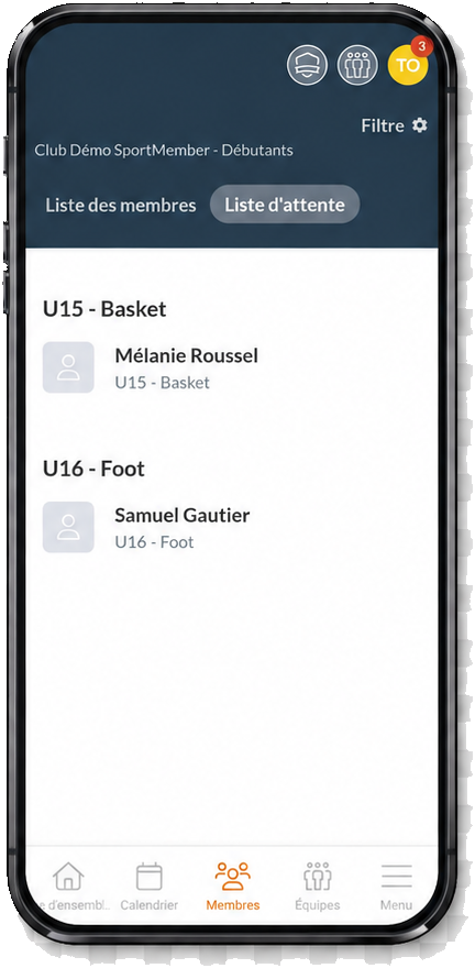 La liste d'attente du club dans l'application SportMember